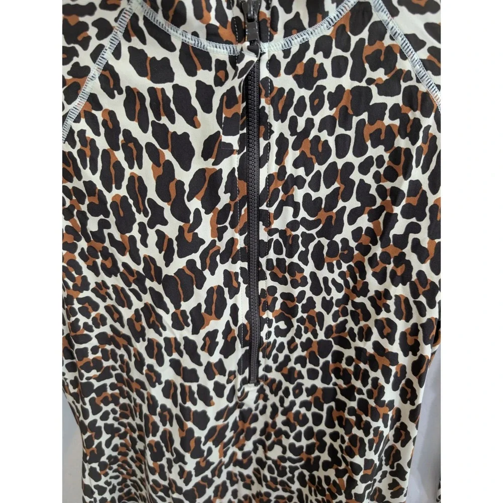 Tory Burch Rash Guard Women‎ Small Leopard Print Brown Long Sleeve Zip - Size S